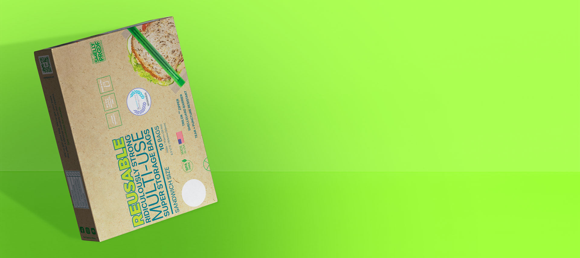 Box of Multi-Use Odor Proof Ziplock Bags Floating On a Green Background