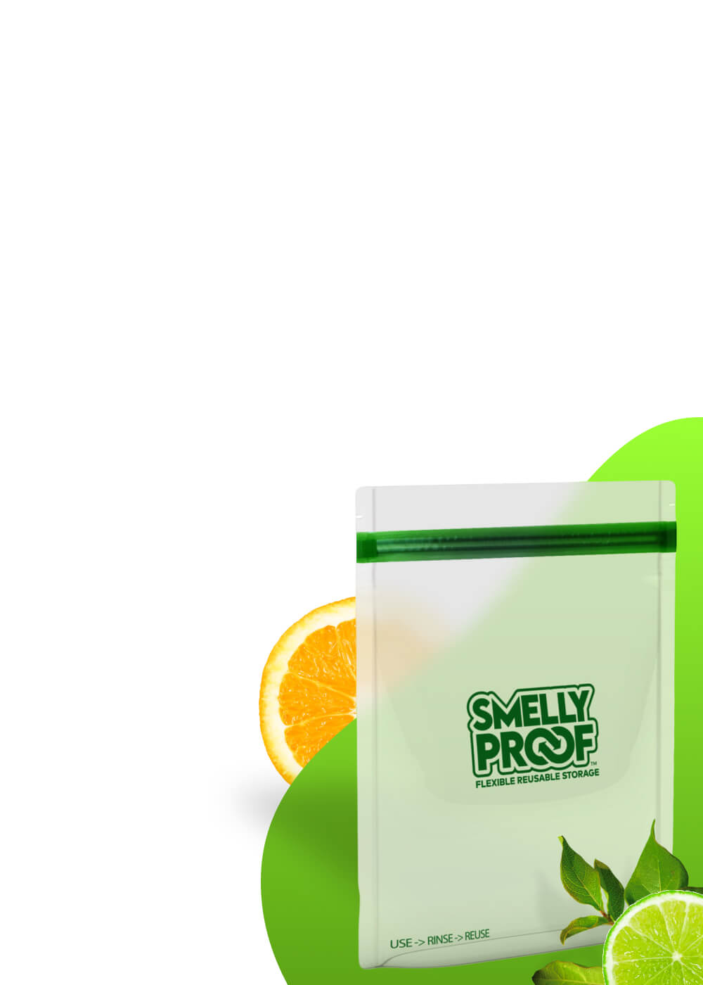 Smell Proof Ziplock Bags for Sale That Are Reusable On a Green Background with Lime and Orange Around It