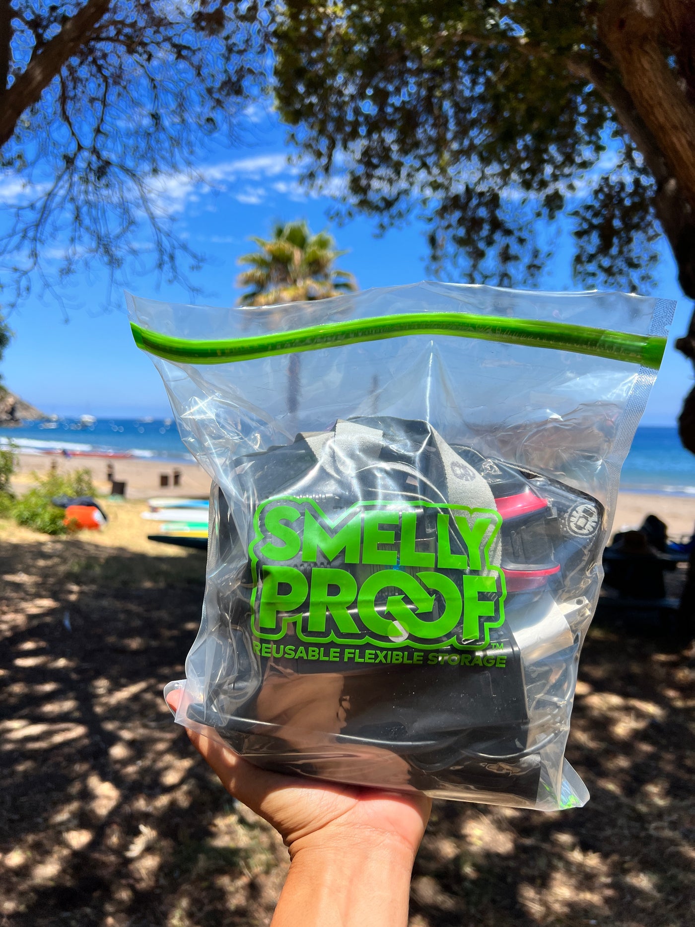 Hand Holding a Very Full Smell Proof Ziplock Bag At the Beach to Protect Its Contents